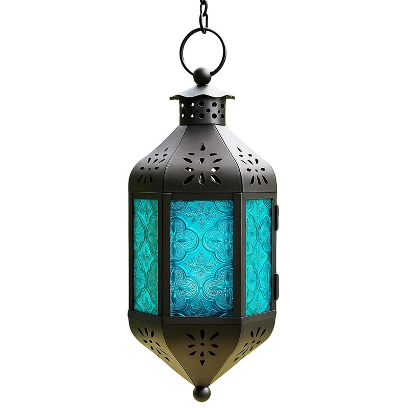 Vela Lanterns 11.5" Hanging Moroccan Decorative Candle Lantern Lamp â€“ Indoor/Outdoor Tea Light Candle Holder for Patio, Porch, Ramadan or Home Decor, Aqua Blue - Image 1